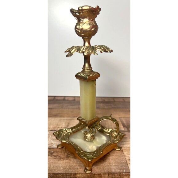 Antique Gold Gilt Ormolu & Onyx Candle Holder With Handle - Picture 1 of 8